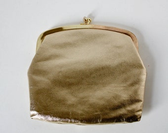 Vintage Gold Metallic Clutch Purse Kiss Closure Optional Chain Handle Evening Bag
