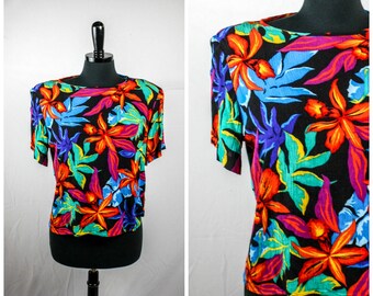 Vintage Sag Harbor Short Sleeve Blouse Top Tropical Flower Print Black Multicolor 80s 90s M