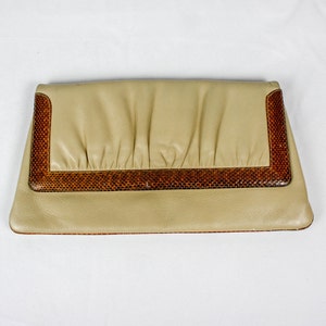 Vintage Susan Gail Leather Snake Skin Trim Clutch Purse Optional Chain Shoulder Strap Tan Brown