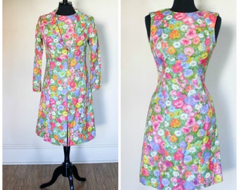 Vintage 1960s Sheath Dress And Jacket Set Flowers Multi Color