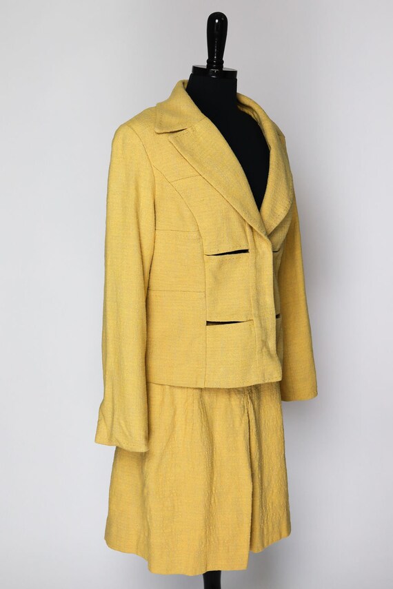 Vintage 90s Skirt Suit Yellow Cotton Linen Two Pi… - image 6