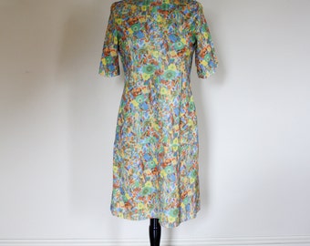 Vintage Flowered Dress Psychedelic Drop Waist House Dress 1960s