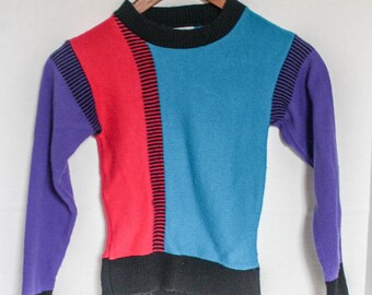 Vintage 90s Kids Sweater Health Tex Color Block Teal Pink Purple Black Size M 6 1990s Retro
