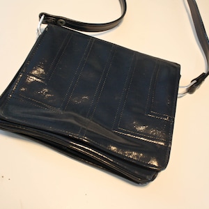 Vintage Leather Purse Navy Blue Shoulder Bag Flap Closure Embroidered Lines
