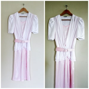 Vintage 1980s Dress Pastel Pink and White Pea Patch New York Peplum