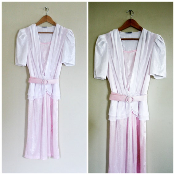 Vintage 1980s Dress Pastel Pink and White Pea Pat… - image 1