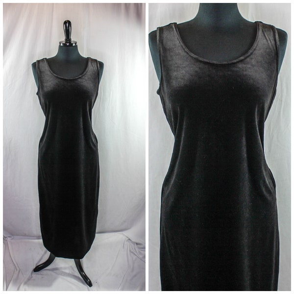 Vintage 90s CW Rose Black Velvet Dress Sleeveless Midi Retro 90s Dress
