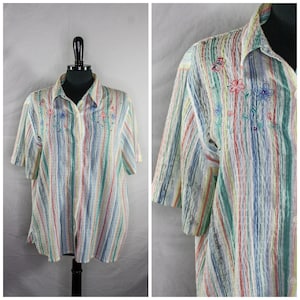 Vintage Alfred Dunner Pastel Rainbow Striped Button Down Top Short Sleeve Blouse Embroidered Flowers Sequins Retro 80s 90s