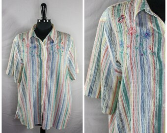 Vintage Alfred Dunner Pastel Rainbow Striped Button Down Top Short Sleeve Blouse Embroidered Flowers Sequins Retro 80s 90s