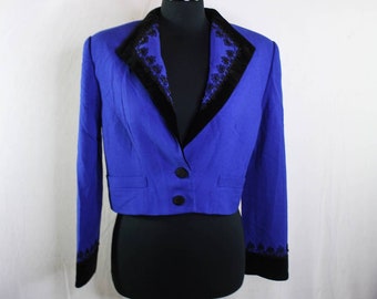Vintage 80s Suzelle Short Blazer Jacket Tux Style Wool Blue Purple Black Velvet Trim Beaded Applique Retro 1980s