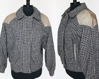 Vintage 80s Deb Wool Leather Detail Short Jacket Bomber Jacket Grey Tan Winter Bubble Coat US 9/10