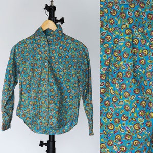 Vintage 60s Garland Blouse Shirt Button Up Paisley Blue Red Green Yellow Small 5/6