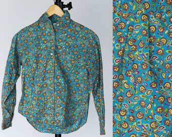 Vintage 60s Garland Blouse Shirt Button Up Paisley Blue Red Green Yellow Small 5/6