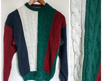 Vintage 90s Sweater Vertical Stripes Cable Knit Maroon Green