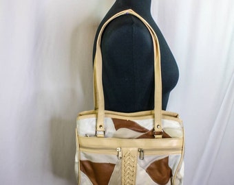 Vintage Patchwork Leather Purse Shoulder Bag Tan Brown Beige