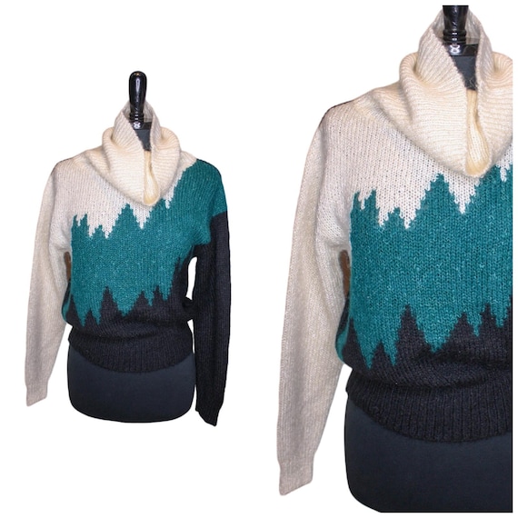 Halston, Vintage 70s 80s Halston III Sweater Cowl Neck Pullover Color Block Stripes Cream Teal Black Retro 1980s 1970s