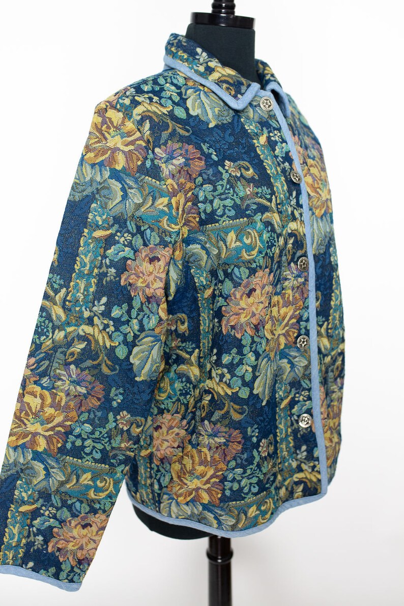 Vintage 90s Tapestry Blazer Jacket Top BFA Classics Blue Tan Brown Green Floral Button Up Retro 1990s Size XL