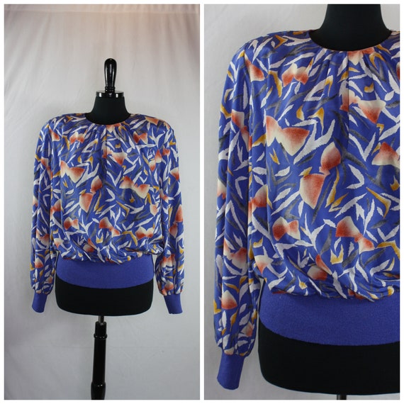 Vintage 80s Blouson Blouse Graphic Print Long Sle… - image 1