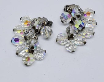 Vintage Crystal Bead Clip On Earrings Mid Century Aurora Borealis AB Bead Costume Jewelry Retro Sparkle