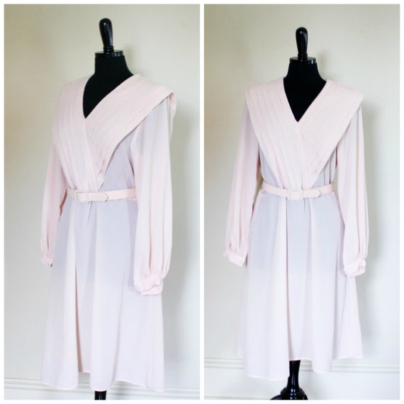 Vintage Pastel Peach Pleated V Neck Dress Belted … - image 1