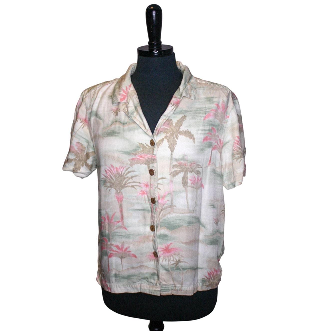 Vintage Caribbean Joe Hawaiian Shirt Pastel Palm Tree Print Button Up Vacation Tiki Tropical Size L