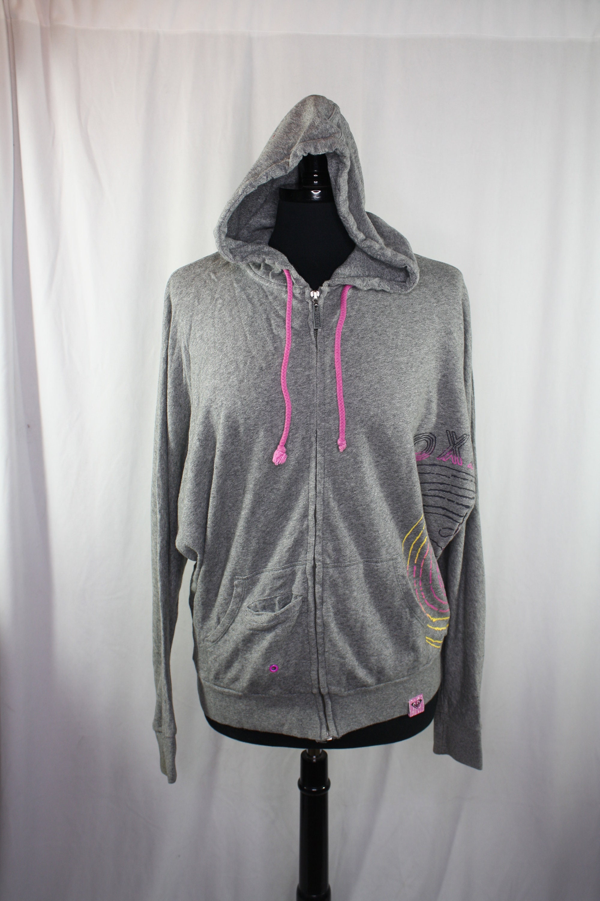 Vintage Roxy Hooded Sweatshirt Full Zip Hoodie Grey Pink Yellow