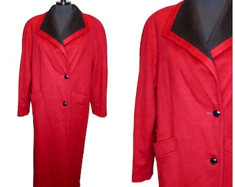 Vintage 80's Red Black Long Wool Coat_striped Chevron_peabody
