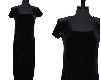 Vintage Cassini negro Velour Maxi vestido mangas cortas estiramiento pullover estilo tamaño M 90s 1990s