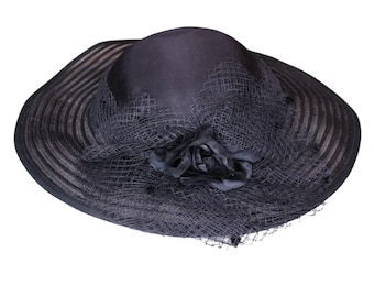 Vintage Plaza Suite By Betmar Wide Brim Formal Hat Flower Netting Black Retro Hat
