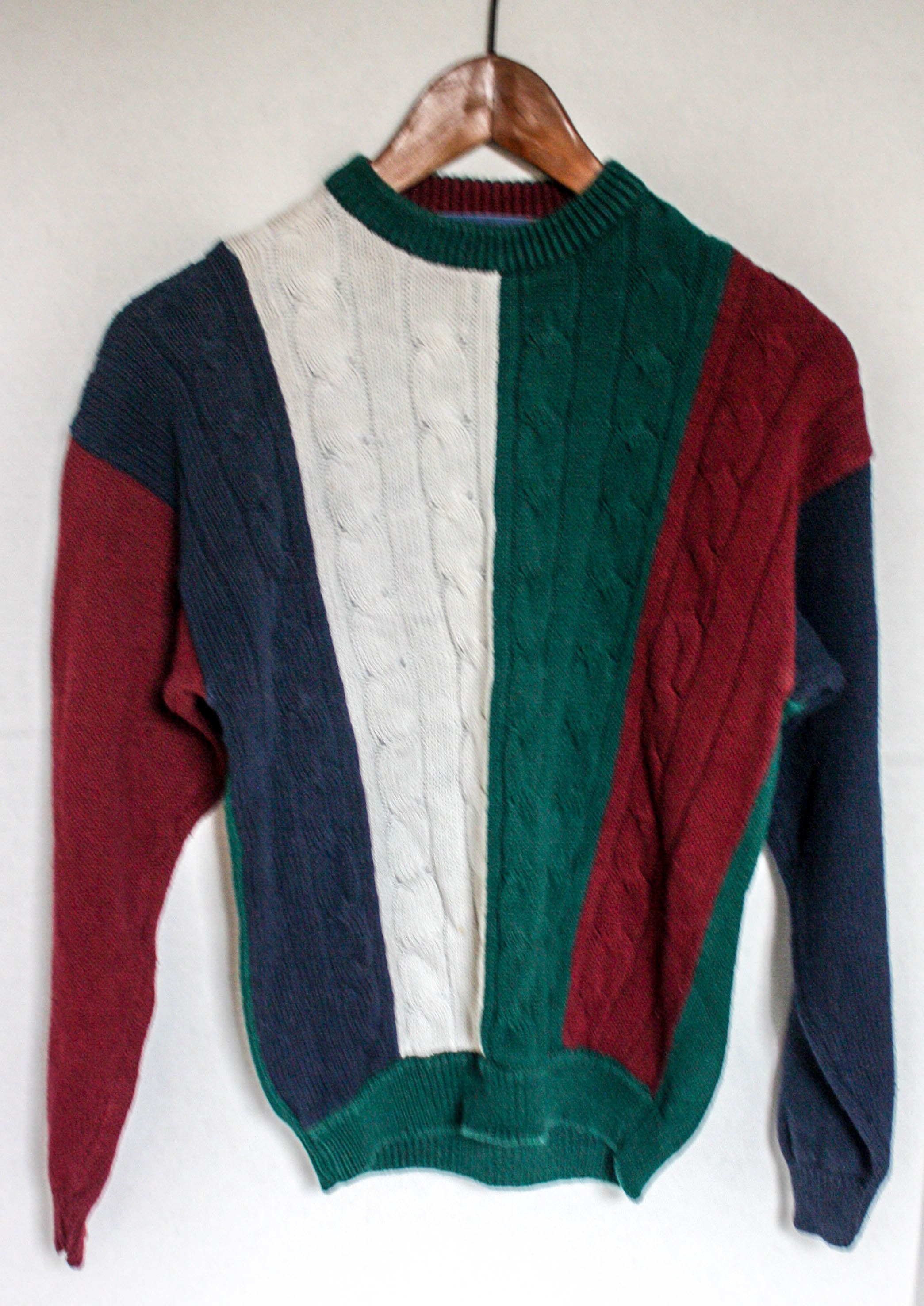 Vintage 90s Sweater Vertical Stripes Cable Knit Maroon Green Blue