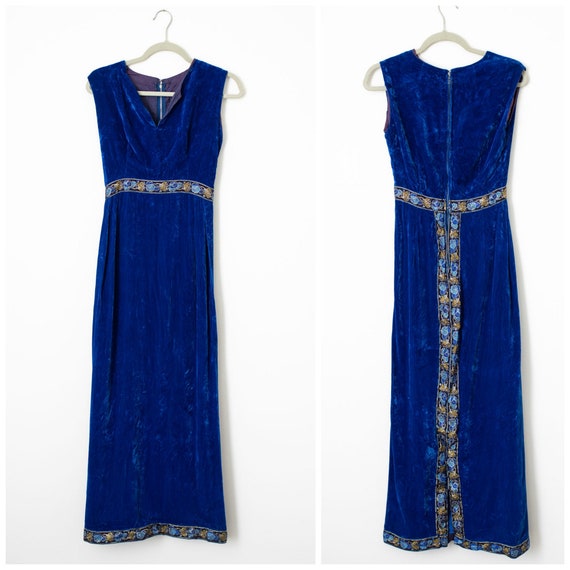 Vintage 60s Blue Velvet Maxi Dress Sleeveless Emp… - image 1