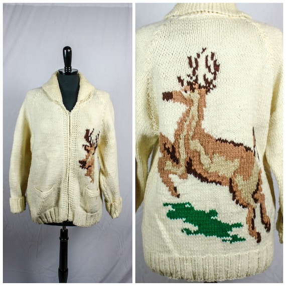 Vintage Mary Maxim Hand Knit Wool Leaping Stag Dee