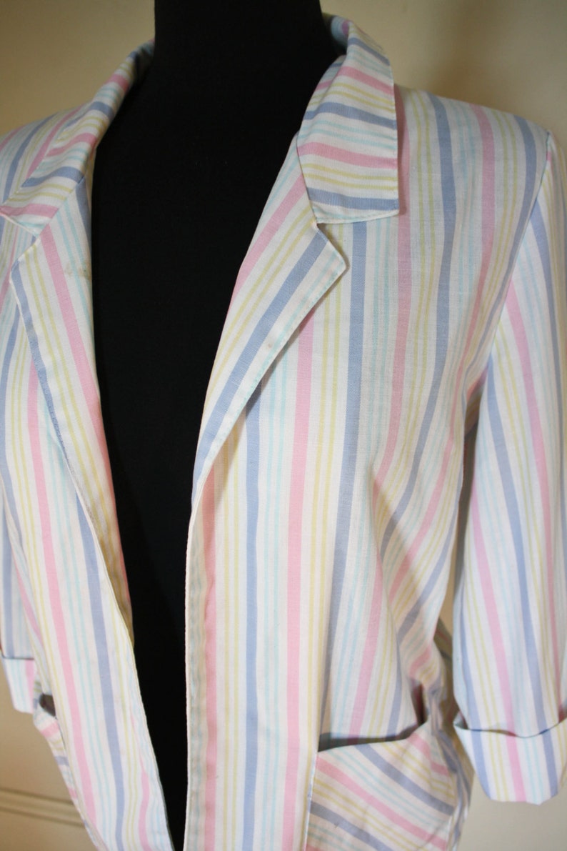 Vintage Pastel Rainbow Striped Blazer 1980s 34 Length Sleeve Candy Striped