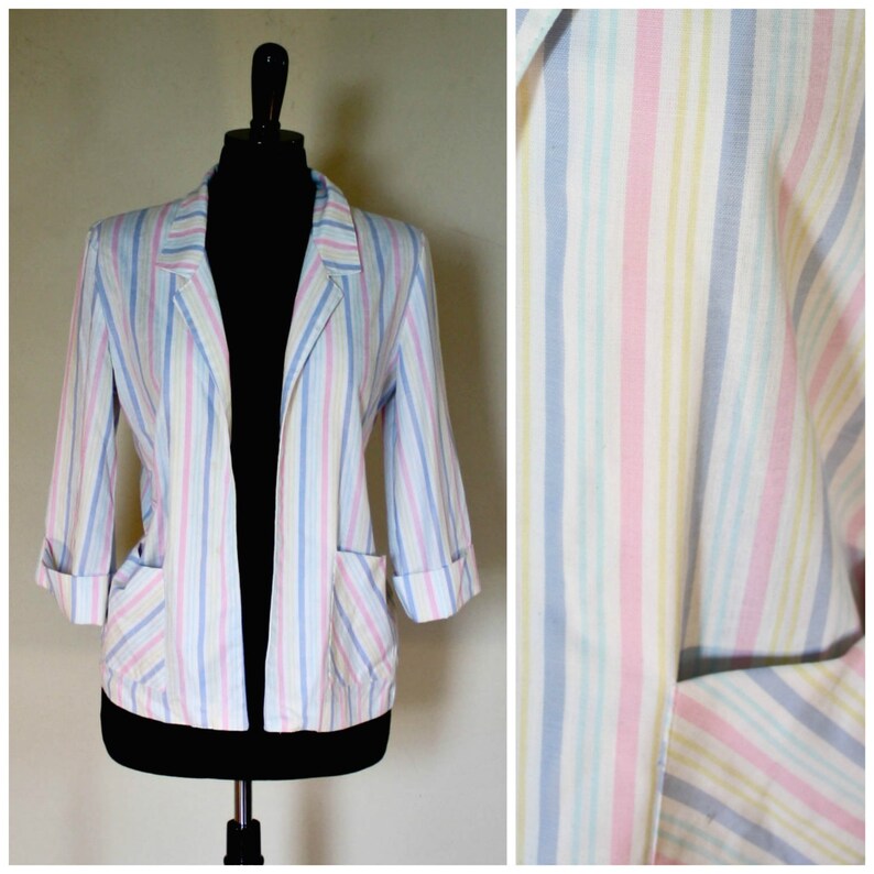 Vintage Pastel Rainbow Striped Blazer 1980s 34 Length Sleeve Candy Striped