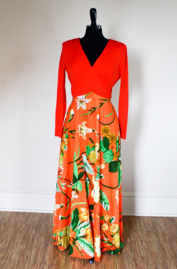 Vintage Orange Maxi Dress V Neck Tropical Flowers… - image 2