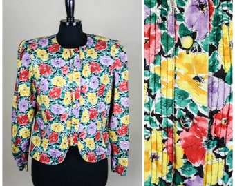 Vintage 80s Silk Studio Linen Floral Top Button Up Front Shoudler Pads Flowers Retro 1980s Jacket Top