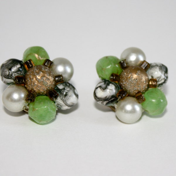 Vintage Bead Cluster Flower Earrings - Jade, Pearl, Bronze, Marble - Hong Kong