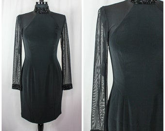 Vintage Oleg Cassini Black Tie Dress Beaded High Collar Cuffs Sheer Back Arms Retro 80s 90s