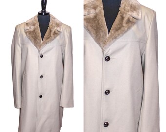 Vintage 60s 70s Clipper Mist Coat Tan Beige Faux Fur Lined Wooden Buttons Size 38 Reg Retro 1960s 1970s