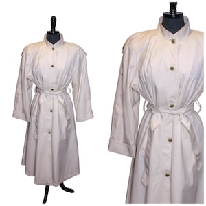 Vintage Towne London Fog Trench Coat Cream Off White Belted Long Jacket Size 8P