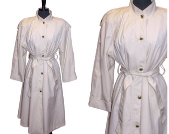 Vintage Towne London Fog Trench Coat Cream Off White Belted Long Jacket Size 8P