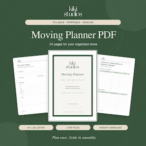 Könnte beinhalten: Ein digitales Umzugsplaner-PDF-Set von Kiki Studios mit 24 Seiten zur Organisation. Das Dokument enthält Abschnitte für neue Wohnungsdetails, Verträge, Abonnements und Adressänderungen, präsentiert in einem klaren, weißen Layout mit dunklem Text.