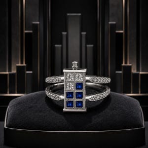 May include: A silver ring featuring a rectangular centerpiece shaped like a police box, adorned with two clear square-cut stones at the top and six deep blue square-cut stones below. The split band is encrusted with small clear stones.