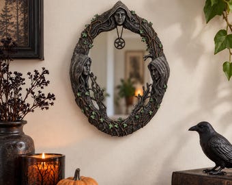 Triple Goddess Wall Mirror with Pentagram Celtic Moon Gothic Resin Decor