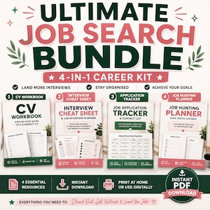 Job Search Planner Bundle | CV Workbook, Interview Prep & Job Application Tracker | Career Worksheets PDF
