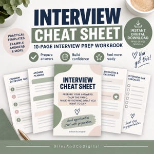 May include: A 10-page digital interview prep workbook titled Interview Cheat Sheet. The pages feature sections for common interview questions, answer planners, strengths, and checklists, decorated with soft green and pink abstract shapes.