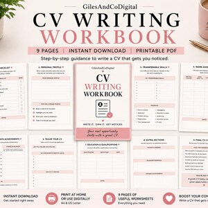 Puede incluir: Un libro de ejercicios para escribir un CV en descarga digital con 9 páginas imprimibles. La portada y las páginas incluyen el texto GilesAndCoDigital, CV WRITING WORKBOOK, 9 PAGES, INSTANT DOWNLOAD, PRINTABLE PDF y guías paso a paso.