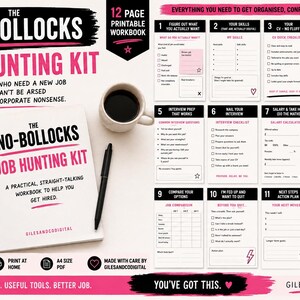 Pode incluir: Um caderno de exercícios imprimível de 12 páginas intitulado The No-Bollocks Job Hunting Kit, com texto em preto e rosa numa capa branca com espiral. O kit inclui doze secções distintas para o acompanhamento de candidaturas e preparação.