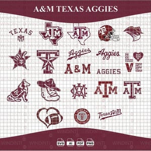 Könnte beinhalten: Eine digitale Sammlung von kastanienbraunen und weißen Texas A&M Aggies Grafiken mit verschiedenen Logos, Texten und Symbolen, darunter ein Football-Helm, ein Maskottchen, Herzen und die Buchstaben A&M. Das Bild enthält den Text A&M TEXAS AGGIES.