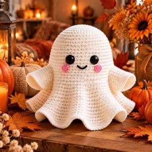 May include: A white crocheted ghost plush toy with a rounded head, wide flared base, two large black circular eyes, a small embroidered black smile, and two small pink circular cheeks stitched onto the front of the fabric surface.